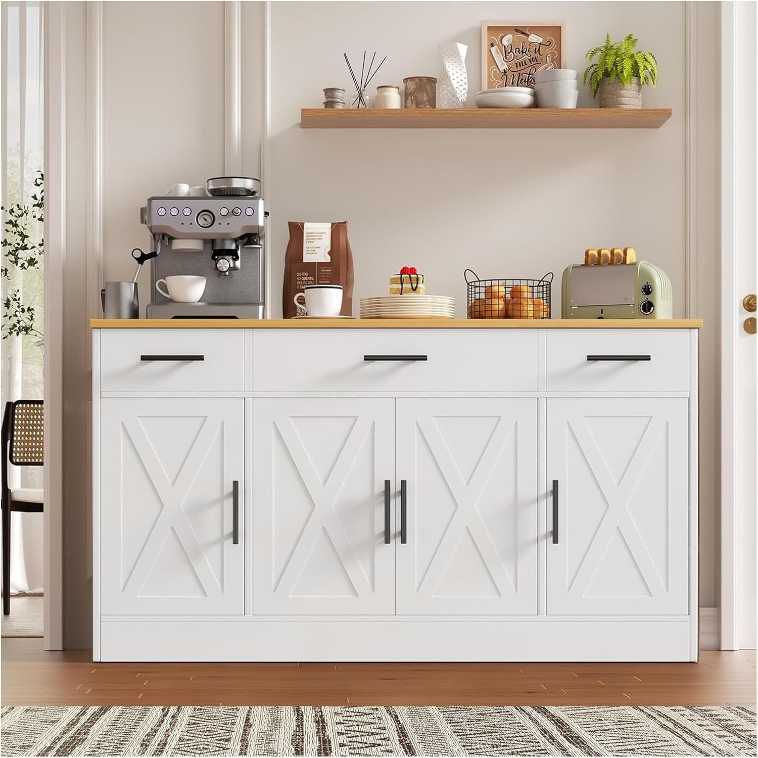 Vongrasig 43” Coffee Bar Cabinet, Farmhouse Buffet Cabinet with Storage, Sideboard Buffet with Drawers and Shelves for Kitchen, White
