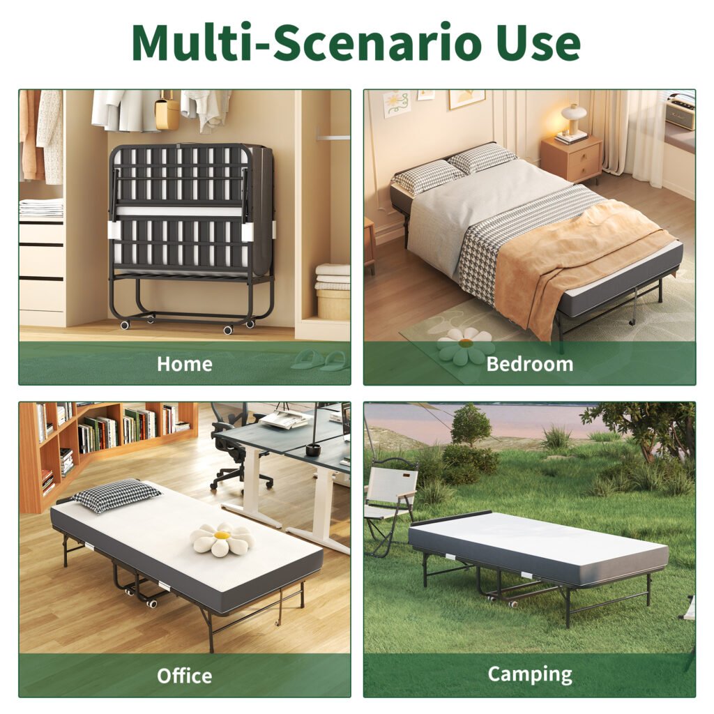 75  X38  Folding Bed With Adjustable Headboard, 5  Memory Foam Rollaway Bed For Tall People, Heavy-Duty Portable Guest Bed On Wheels, Easy Assembly Twin Size Cot