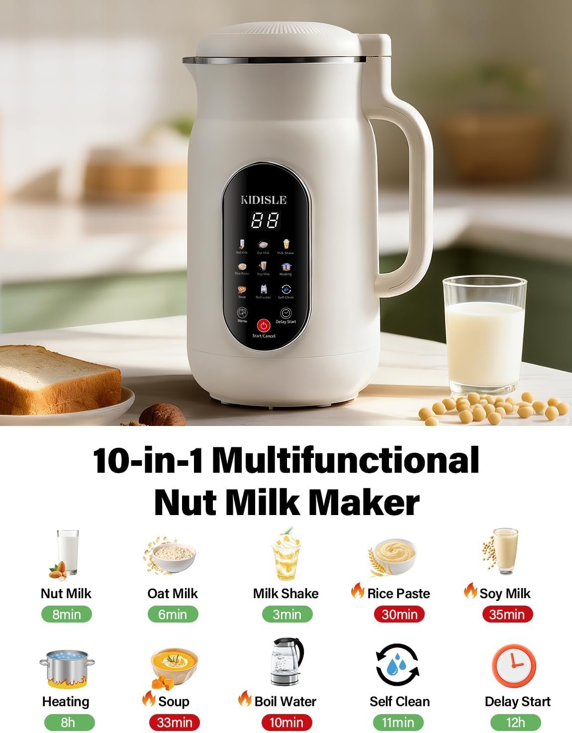 KIDISLE 10-in-1 Nut Milk Maker Machine & Soup Maker, 51oz Self-Cleaning Plant-Based Milk Maker - image 3