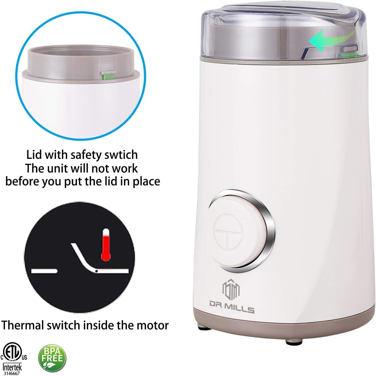 DR MILLS DM-7441W Electric Coffee and Spice Grinder – 150W, SUS304 Stainless Steel, White - image 11