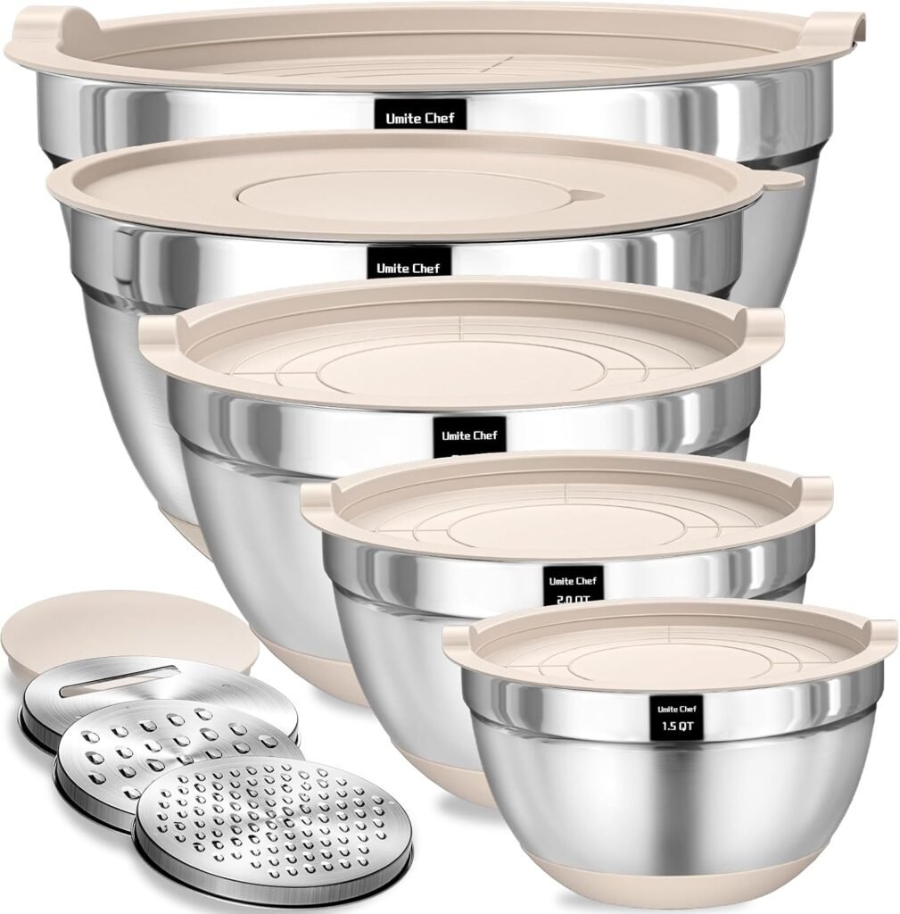 Umite Chef Mixing Bowls with Airtight Lids, 8-Piece Stainless Steel Nesting Bowl Set with Grater Attachments and Non-Slip Silicone Bottoms