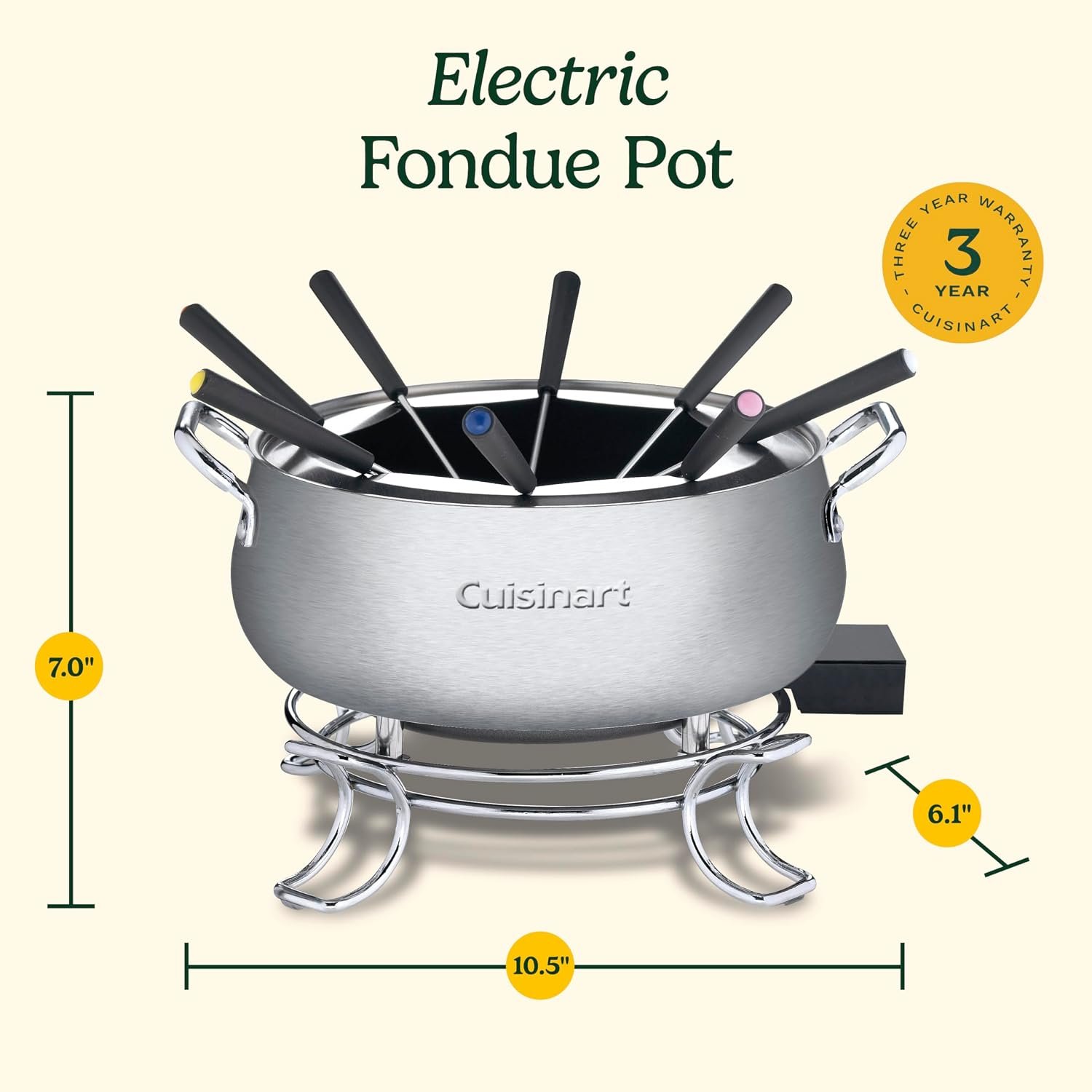 Cuisinart Electric Fondue Set CFO-3SSP1 – 3-Quart Stainless Steel Pot with Adjustable Temperature Control and 8 Forks - image 3