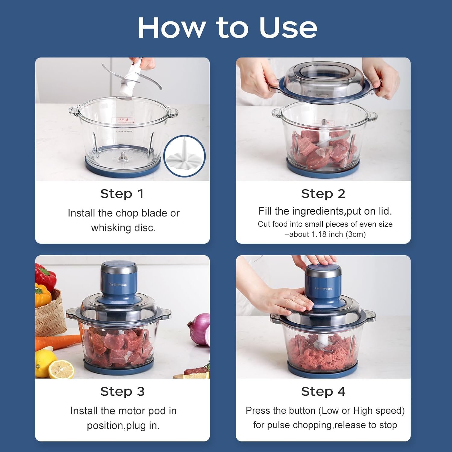 La Reveuse Electric Food Processor, 7-Cup Glass Bowl, 300W, Blue - image 6