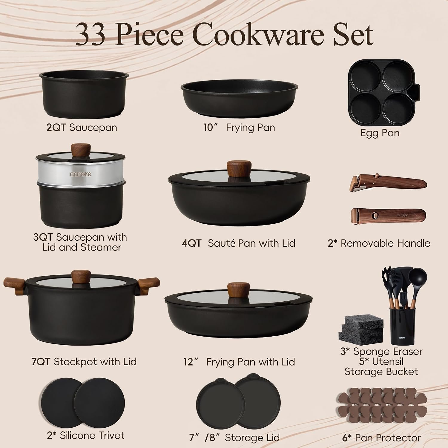 CAROTE 33-Piece Nonstick Cookware Set with Detachable Handles – Black - image 12