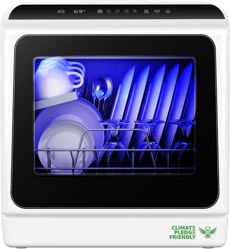 EUHOMY Portable Countertop Dishwasher – 6 Wash Programs, Dual Spray Arms, Built-In Water Tank & No Permanent Hookup Required