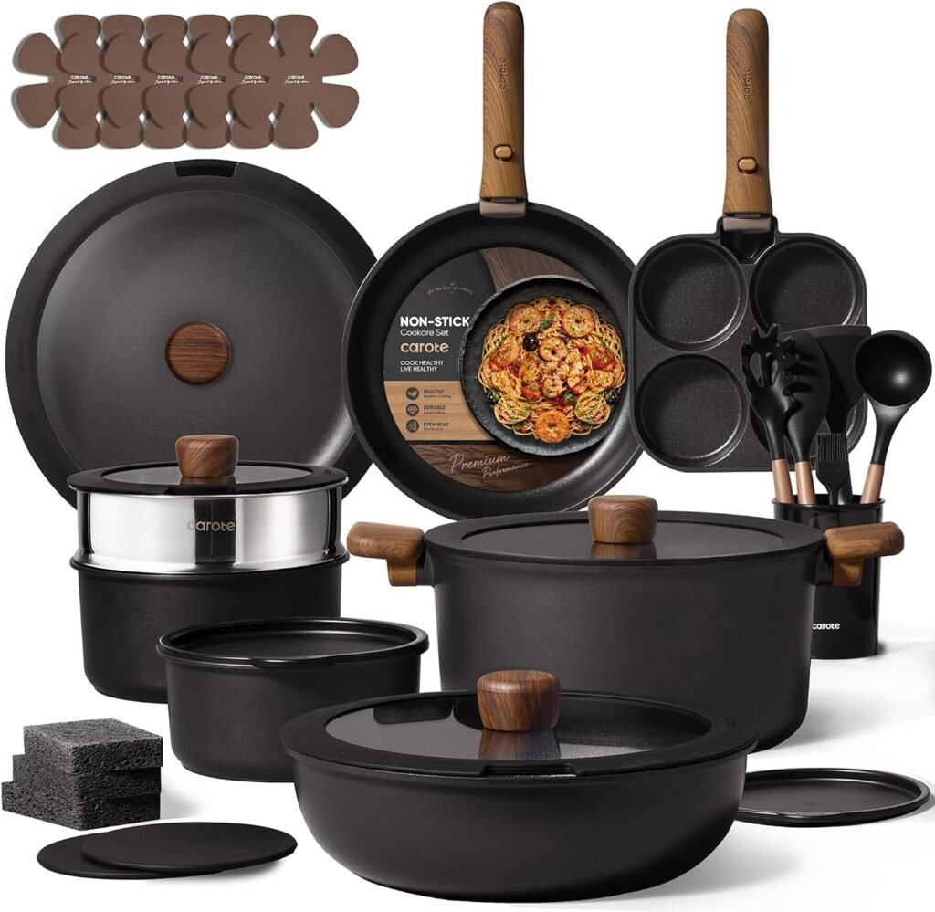CAROTE 33-Piece Nonstick Cookware Set with Detachable Handles – Black