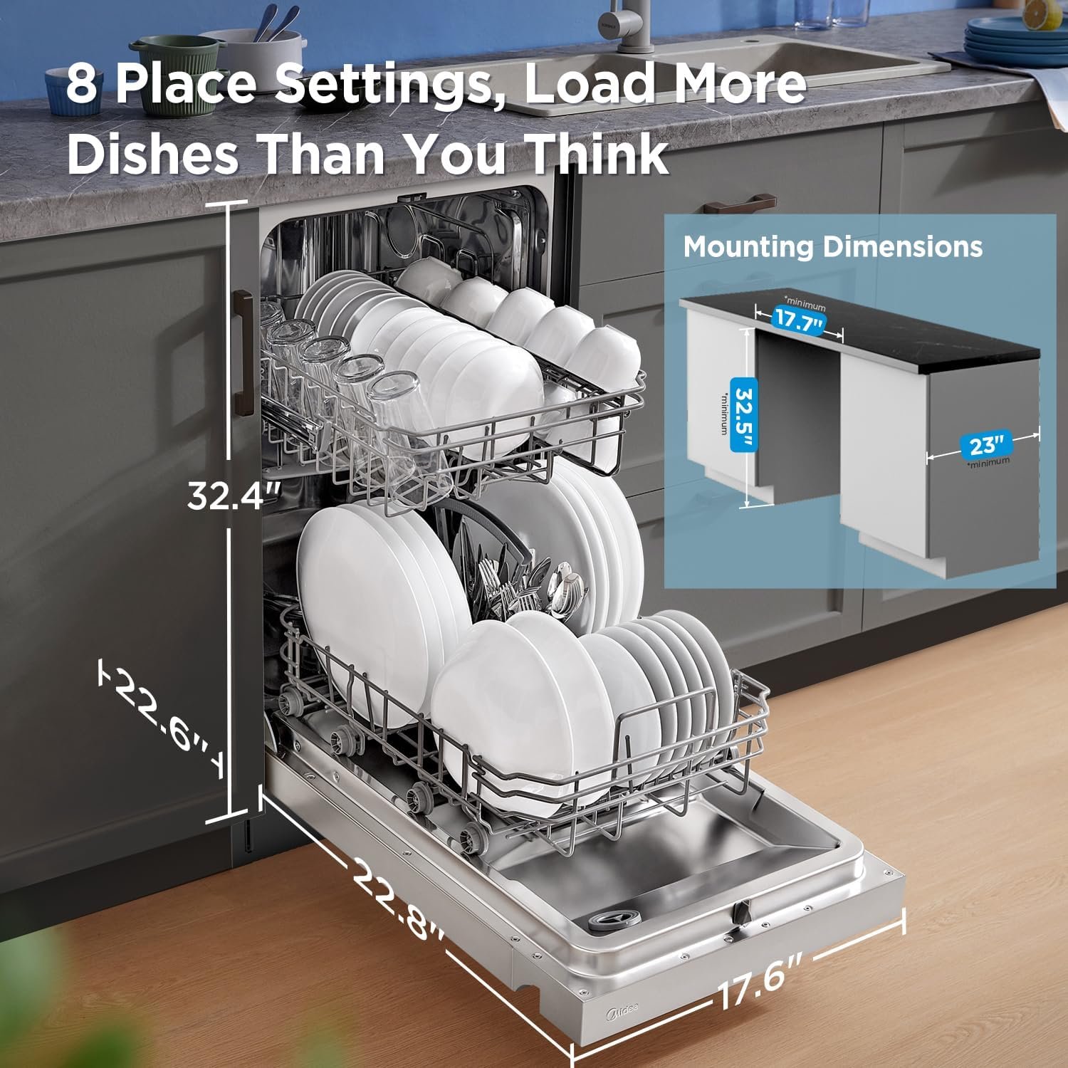 Midea 18-inch built-in dishwasher with stainless steel finish and digital control panel