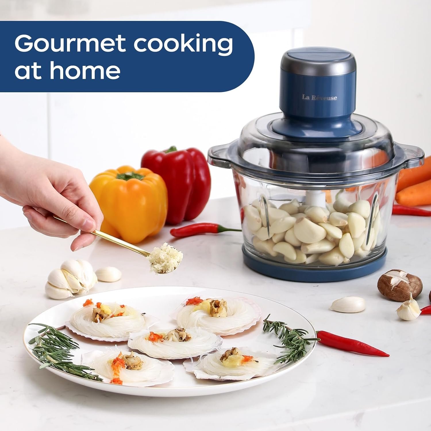 La Reveuse Electric Food Processor, 7-Cup Glass Bowl, 300W, Blue - image 7