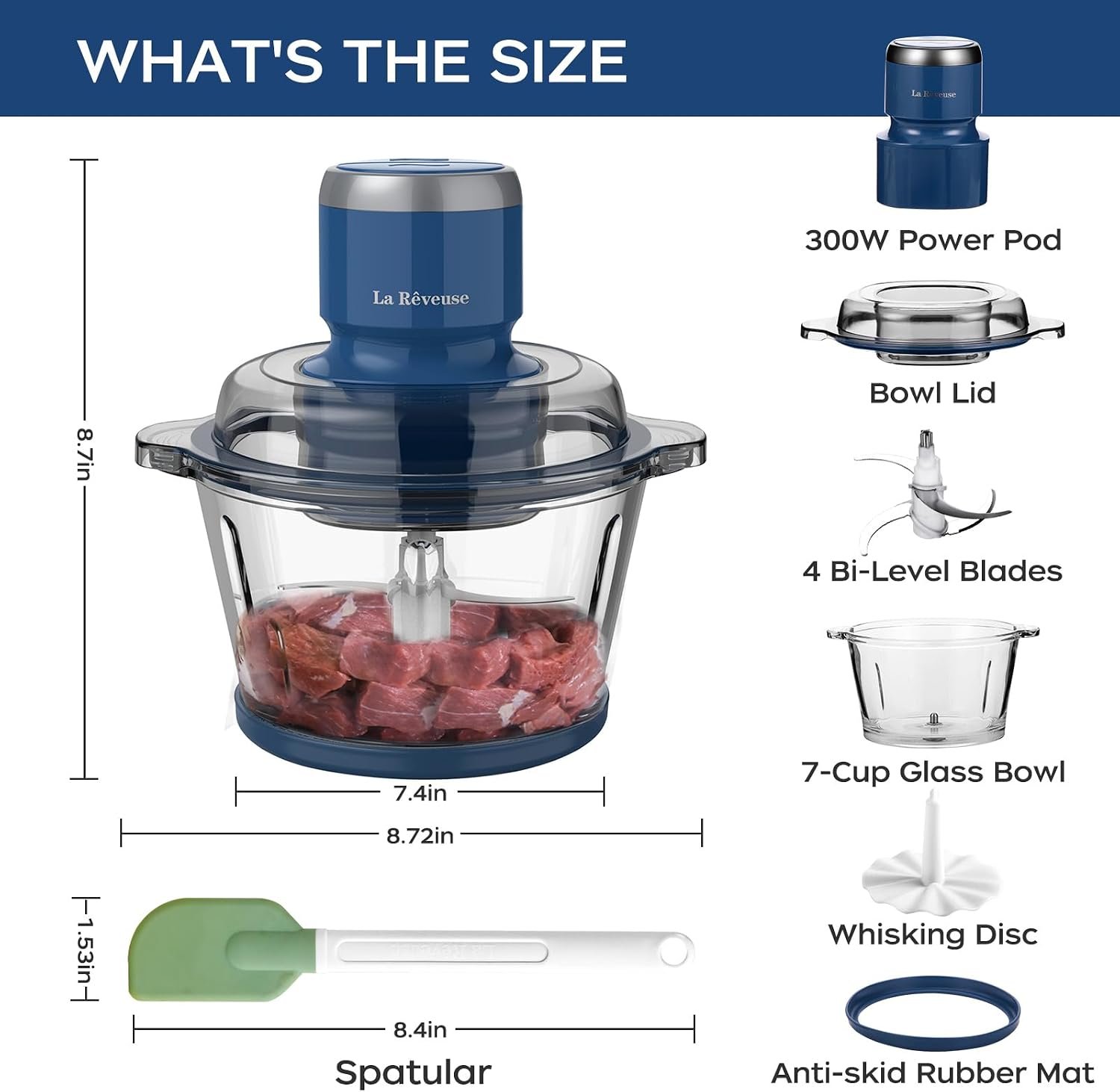 La Reveuse Electric Food Processor, 7-Cup Glass Bowl, 300W, Blue - image 2