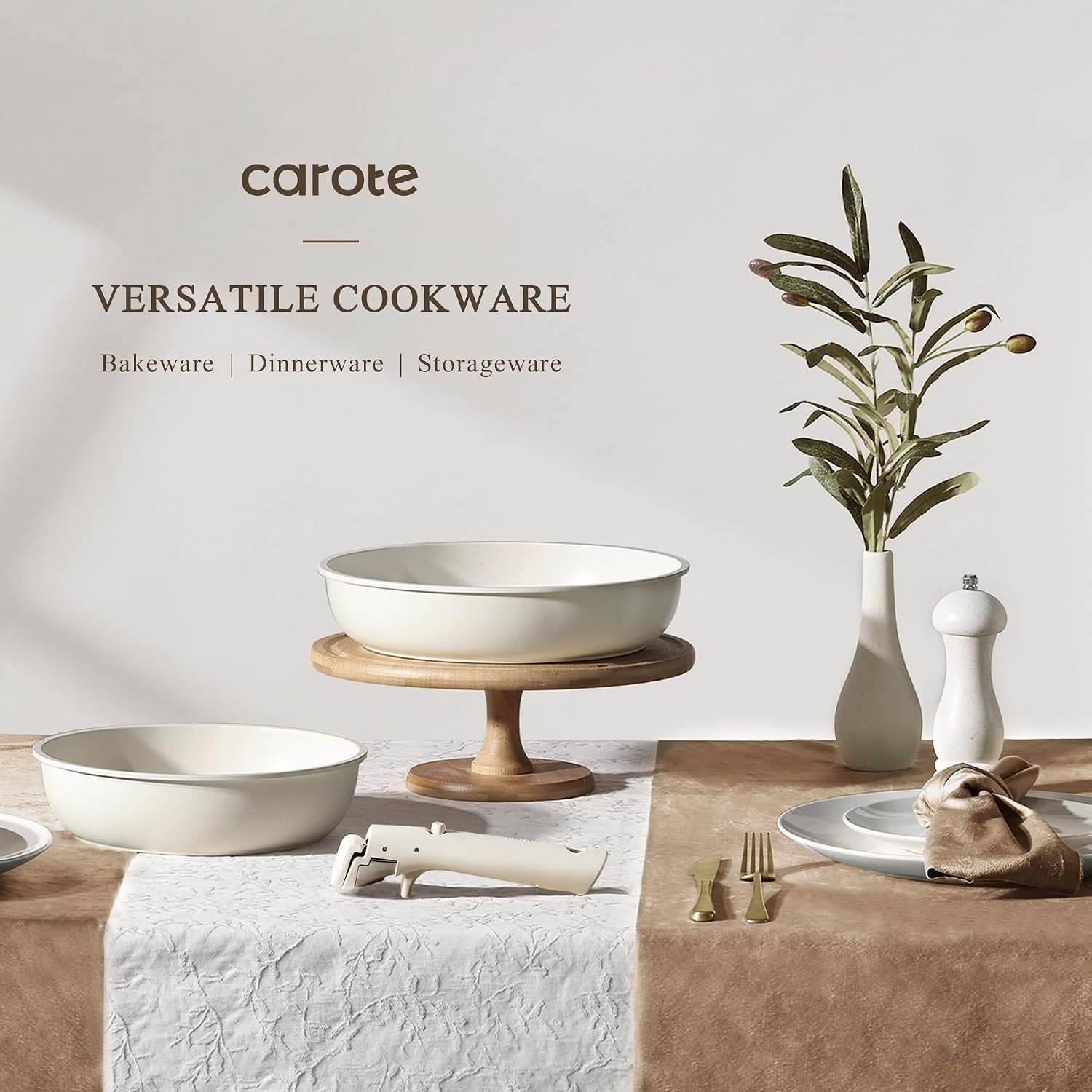 CAROTE 19-Piece Nonstick Cookware Set with Detachable Handles – Cream White - image 8