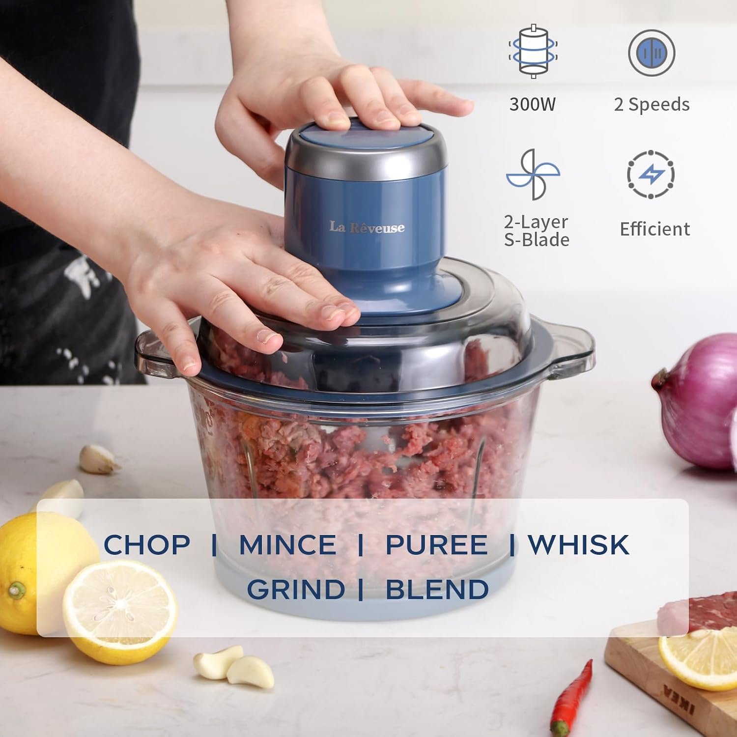 La Reveuse Electric Food Processor, 7-Cup Glass Bowl, 300W, Blue - image 3