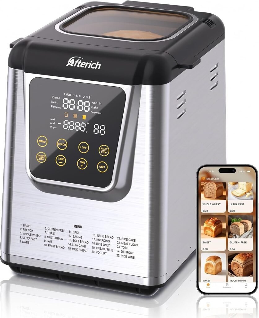 Afterich 25-in-1 Smart Bread Maker with Built-in Scale, Bluetooth App Control, 2LB Capacity, Stainless Steel, Silver