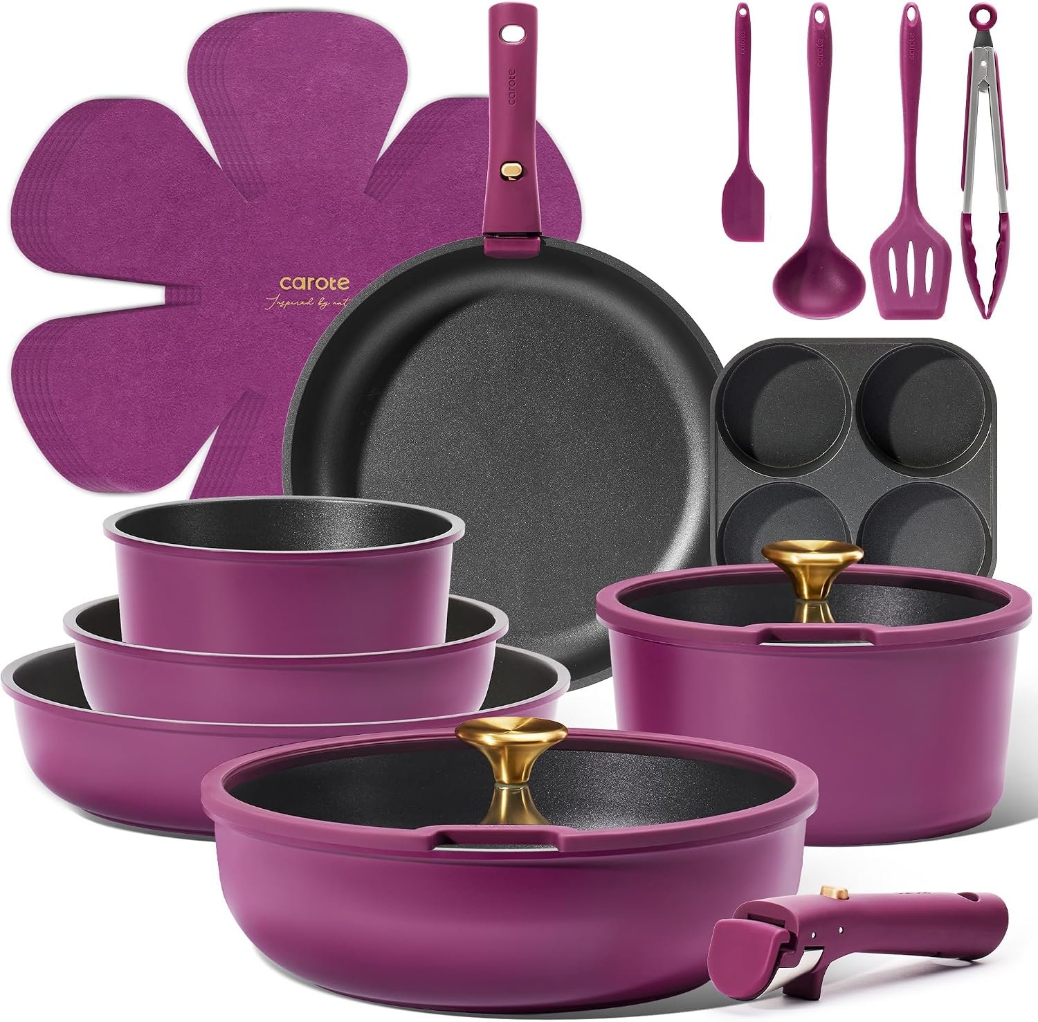 CAROTE 21-Piece Nonstick Cookware Set with Detachable Handles – Purple