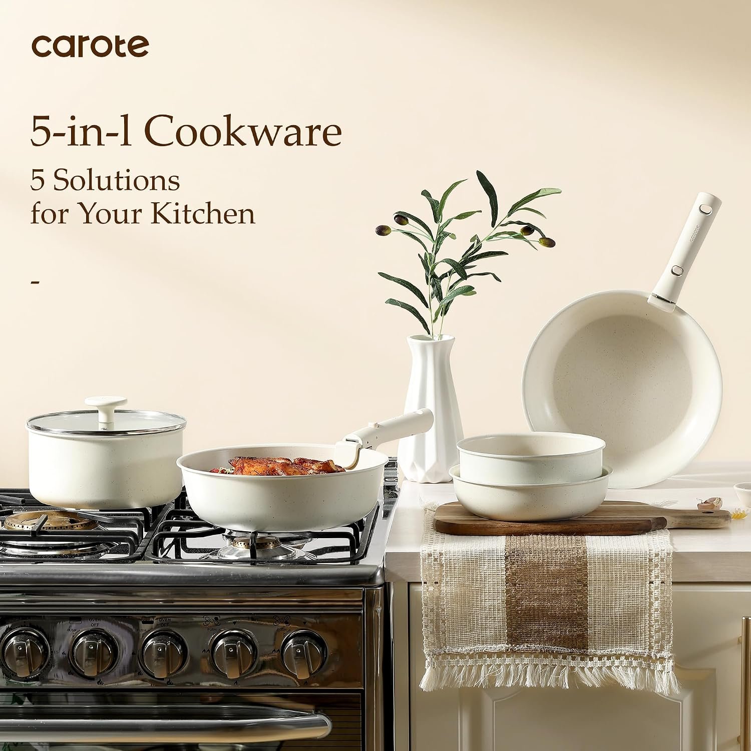CAROTE 19-Piece Nonstick Cookware Set with Detachable Handles – Cream White - image 9