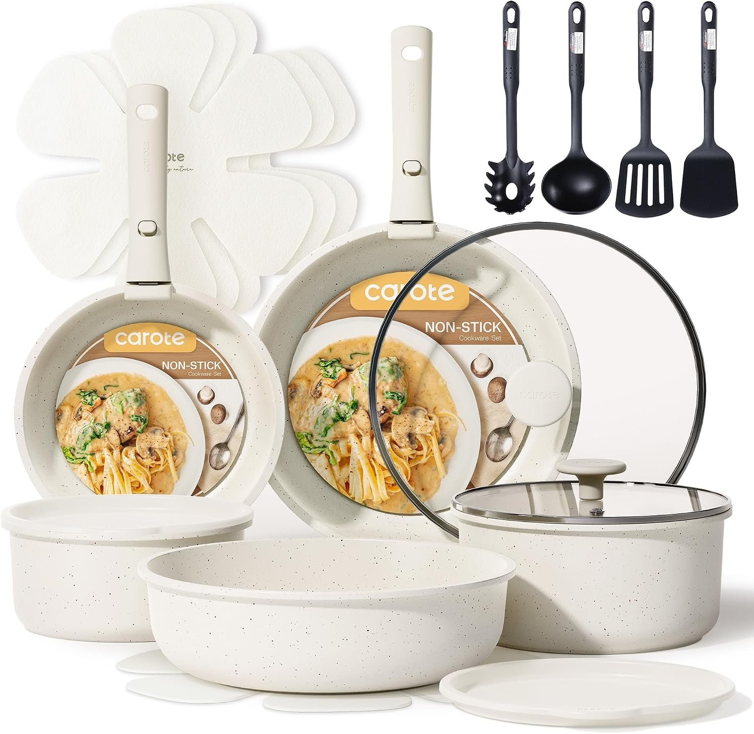 CAROTE 19-Piece Nonstick Cookware Set with Detachable Handles – Cream White