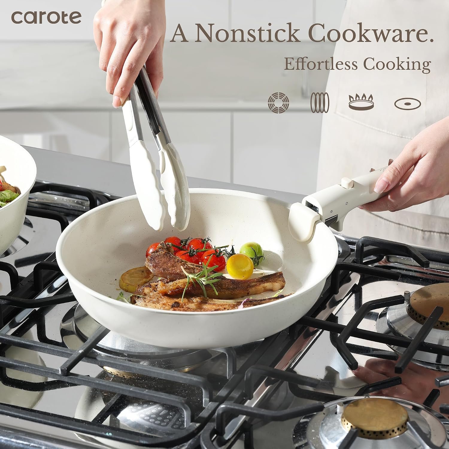 CAROTE 19-Piece Nonstick Cookware Set with Detachable Handles – Cream White - image 3