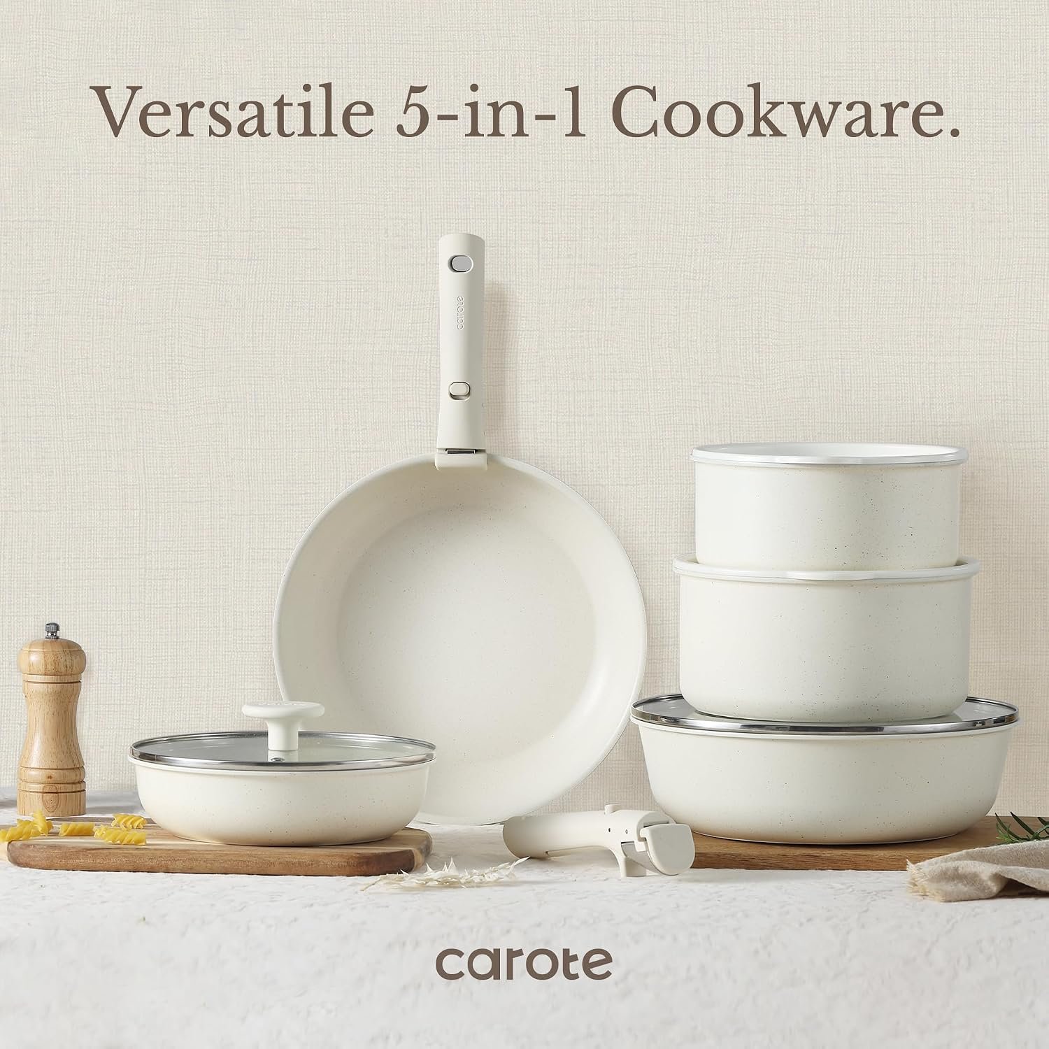 CAROTE 19-Piece Nonstick Cookware Set with Detachable Handles – Cream White - image 7