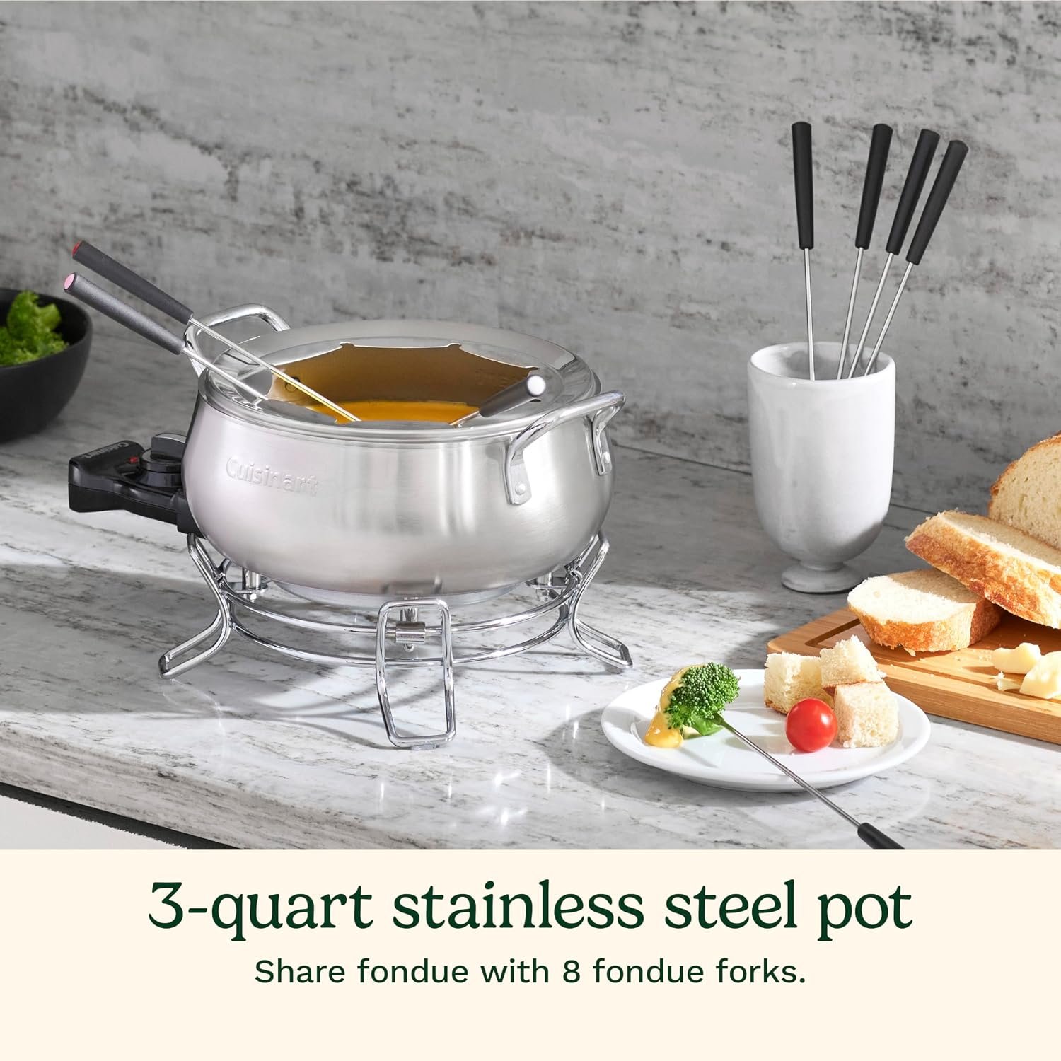 Cuisinart Electric Fondue Set CFO-3SSP1 – 3-Quart Stainless Steel Pot with Adjustable Temperature Control and 8 Forks - image 2