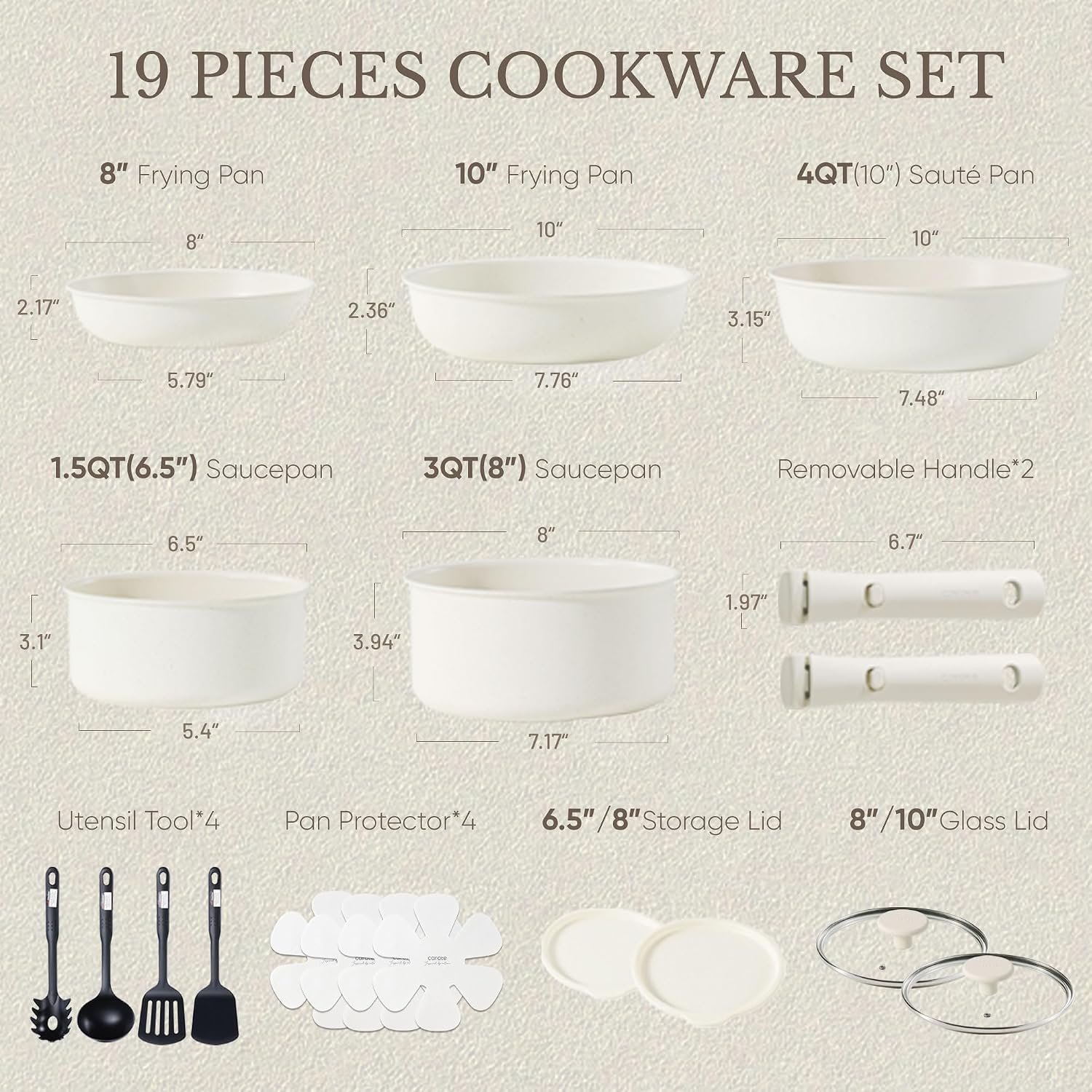 CAROTE 19-Piece Nonstick Cookware Set with Detachable Handles – Cream White - image 2